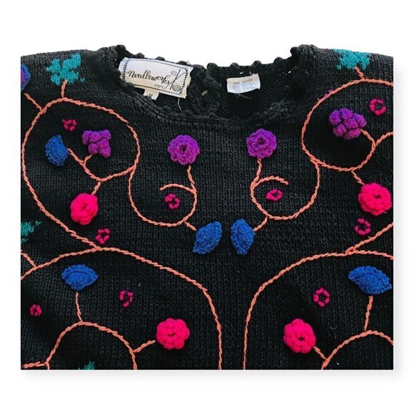 Vintage Needleworks hand knitted chunky cotton sweater, Flower Embroideries,  si - Picture 12 of 15